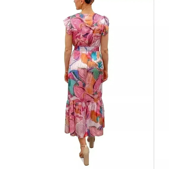 Sam Edelman Flora Printed Tie-Waist Faux-Wrap Flutter Sleeve Tiered Dress 14 NWT - Picture 3 of 8